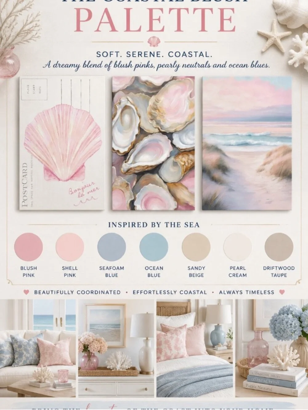 Set of 3 • Coastal Wall Art Canvas Prints Pink Seashell Oyster Beach • NEW